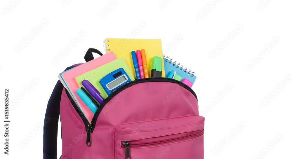 Open school backpack filled with colorful supplies, isolated on white background Open school backpack filled with colorful supplies, isolated on white background