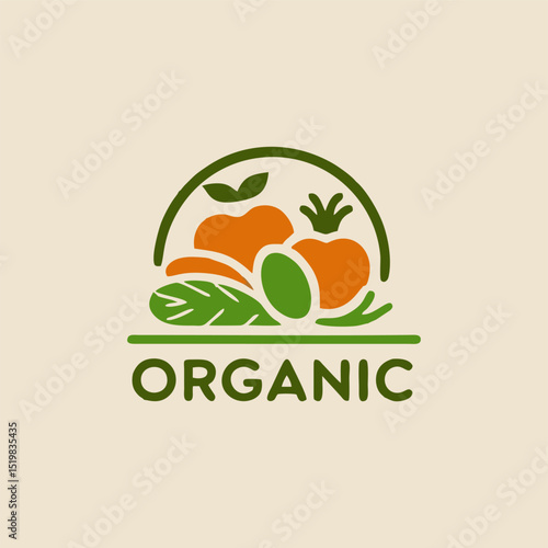A minimalist organic food logo highlighting a simple green leaf alongside fresh produce, emphasizing purity and natural ingredients in a sleek and contemporary manner.