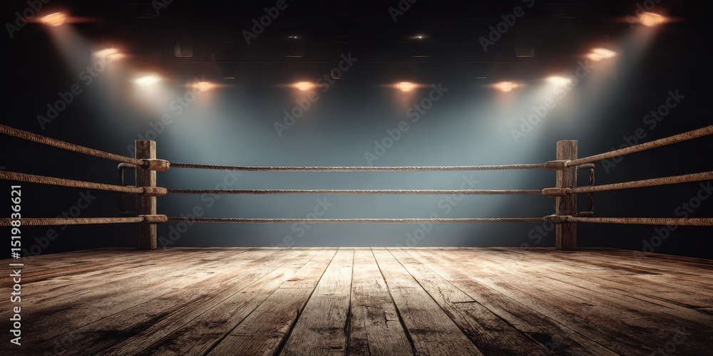 Fototapeta premium A High Resolution image of empty wrestling ring arena with bright spotlights shining down. Wooden floor, ropes, posts. Concept of competition, fighting, championship. Interior with dark.