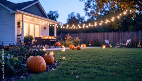 Outdoor Halloween Setup. Cozy autumn backyard with pumpkins and string lights, creating a warm and inviting atmosphere for outdoor gatherings.