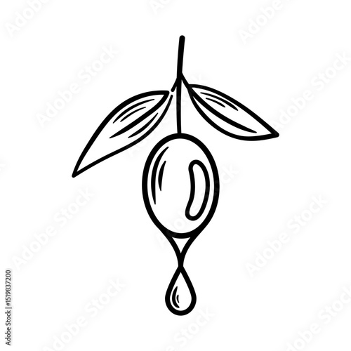 A minimalist vector illustration featuring an olive and a droplet of oil. The design highlights the simplicity and elegance of natural ingredients, perfect for culinary themes and organic products.