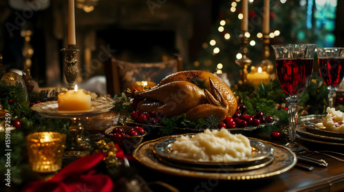Thanksgiving feast: An exquisite holiday table with turkey, wine and warm candlelight