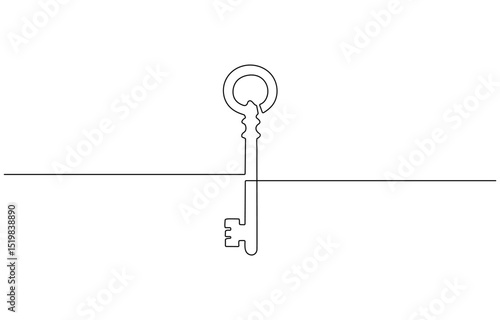 Continuous One line drawing of Antique Key. Symbolizing mystery with a minimalistic key design, Security concept continuous line art. Editable outline.