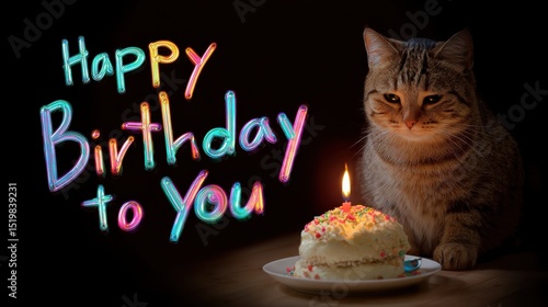 Cute cat celebrating a birthday with a lit cake and glowing neon text.

