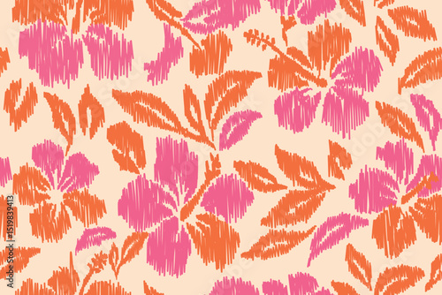 Orange and pink floral ikat pattern with tropical hibiscus flowers and leafy design on soft beige background, seamless textile repeat for summer fabric, wallpaper, or decor.