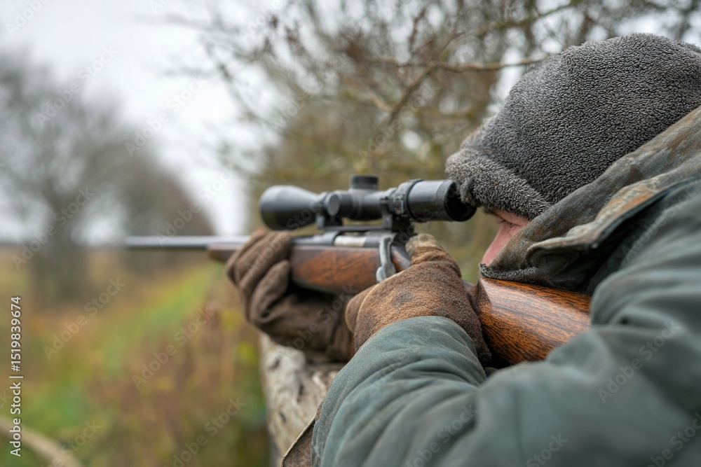 Fototapeta premium Hunter with old Hunting Rifle waiting for Pray in the Woods. Generative Ai