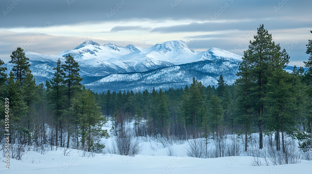 Winter Wonderland: Majestic Snow-Capped Mountains and Evergreen Forest Landscape Winter Wonderland: Majestic Snow-Capped Mountains and Evergreen Forest Landscape