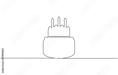 Continuous one line drawing of birthday cake with candles. Symbol of sweet celebration torte, Sweet birthday cake outline drawing illustration. one continuous line drawing .