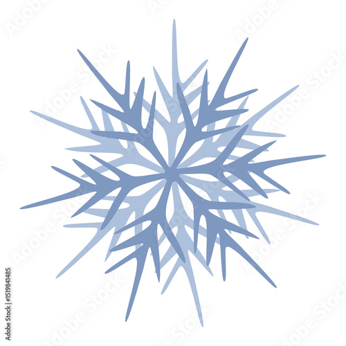 Elegant vector illustration of a stylized snowflake with layered, pointed arms in shades of blue, perfect for winter-themed designs and holiday projects.