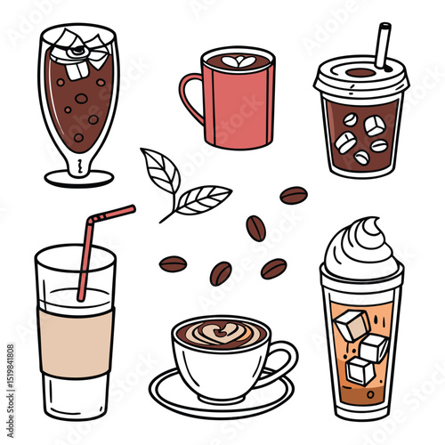 Illustrated collection of various coffee drinks and beans in a modern flat design style