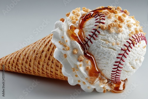 An appetizing ice cream cone styled like a baseball with dripping caramel and whipped cream, presented creatively against a plain background looks delicious now.