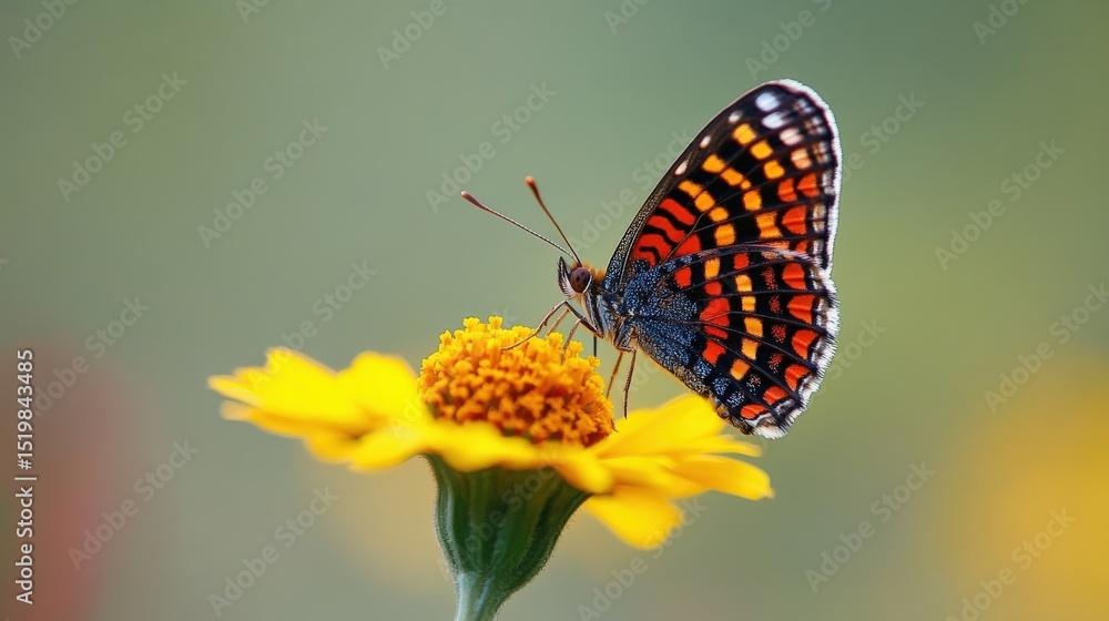 Obraz premium A vibrant butterfly rests delicately on a bright yellow flower.