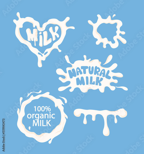 Milk splashes with organic labels set. Vector illustration