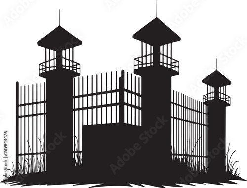 Silhouette Prison Gate, Watchtowers, Fence, Security, Bars, Grass.