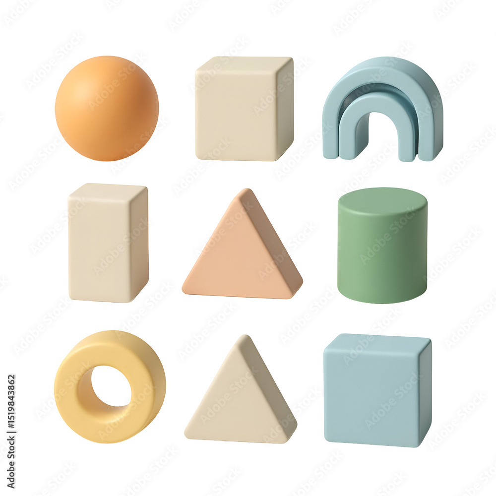 Obraz premium Nine pastel-colored 3D geometric shapes arranged in a grid