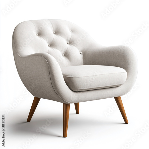Elegant mid century modern armchair with tufted back and wooden legs isolated on white background