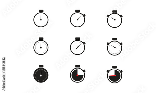 Stopwatch Icons Free Download. This image showcases a sequence of stopwatch icons illustrating the progression of time through minimalistic and modern design.