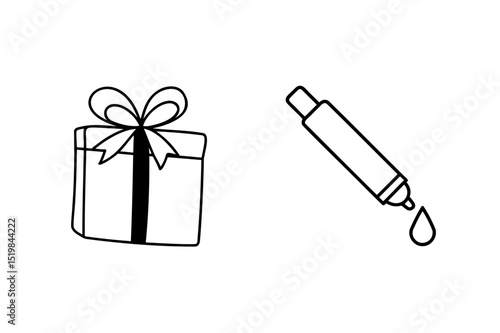 Hand drawn black and white illustration of a wrapped gift box and dropper icon