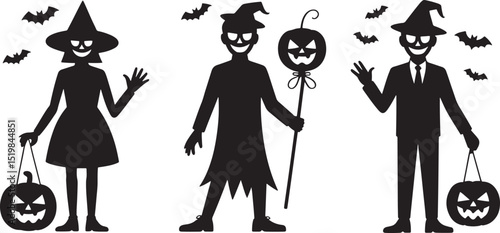 Halloween celebration with spooky silhouettes of witch costume trick or treaters and flying bats