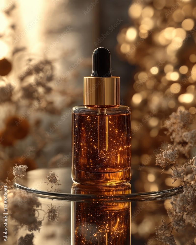 Luxurious Gold Serum Bottle with Shimmering Essence Elegant Cosmetic Product Display Luxurious Gold Serum Bottle with Shimmering Essence Elegant Cosmetic Product Display