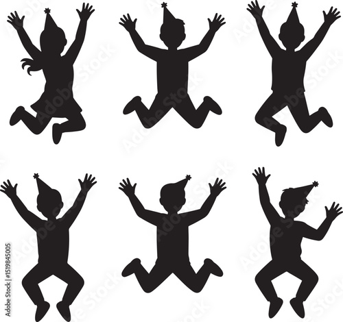 Silhouette celebration six children jumping in the air party hats birthday festive joy