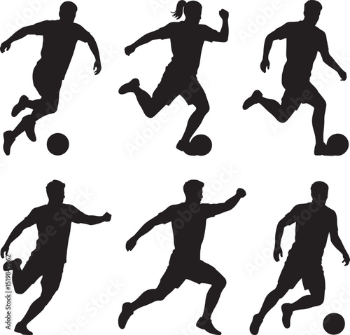 Silhouette collection of soccer players in action kicking and dribbling the football