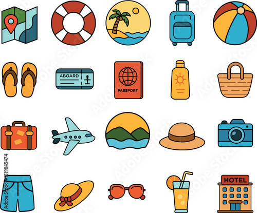Set of 20 travel and vacation vector icons in flat style. Includes suitcases, airplane, map, passport, camera, tropical drink, and more. Editable and colorful format.