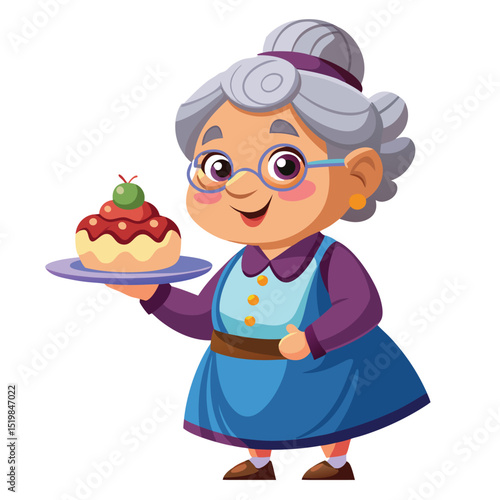 Cartoon grandma holding a cupcake on a plate illustration