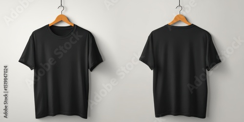 A High Resolution image of mockup of black t-shirt, front and back view, hangs on wooden hanger. Clothes template for design. Apparel advertising concept. Blank tshirt for branding.