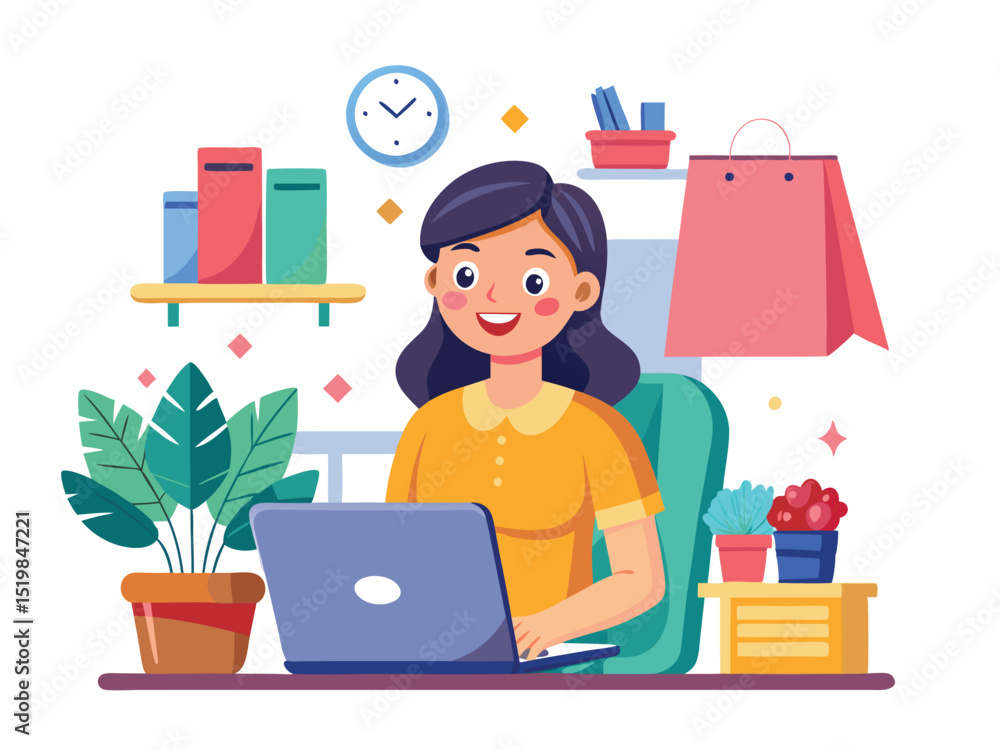 Woman working on laptop at desk with plants and shopping bag Woman working on laptop at desk with plants and shopping bag