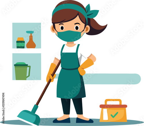 Woman cleaning floor with mop wearing mask and apron indoors