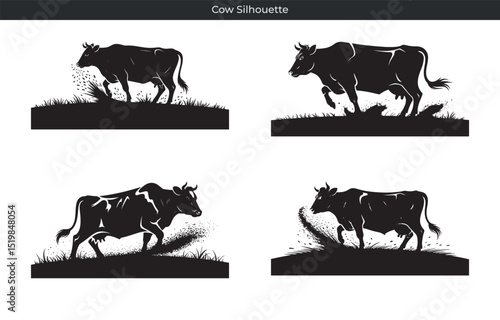 Dynamic silhouette illustrations of cows running and grazing across a grassy landscape