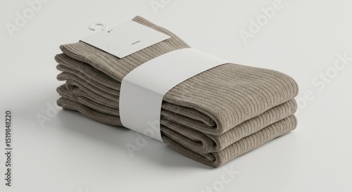 Wallpaper Mural A stack of taupe ribbed socks, wrapped in white paper, sits on a light gray surface. A small white tag is attached Torontodigital.ca