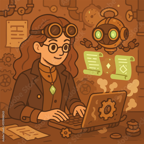 Search concept. Character using artificial intelligence generative tools for searching or browsing internet. Woman integrating with robot