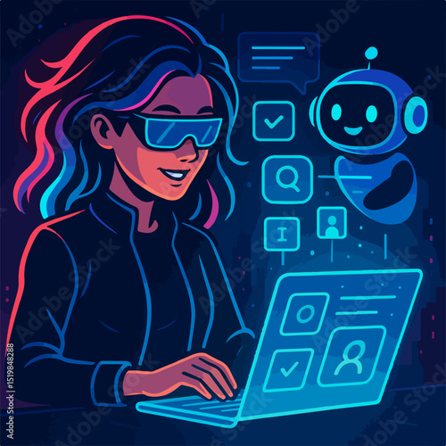 Search concept. Character using artificial intelligence generative tools for searching or browsing internet. Woman integrating with robot