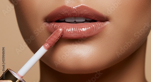 Wallpaper Mural Woman applying lip gloss for make up tutorial, beauty marketing on neutral background Torontodigital.ca