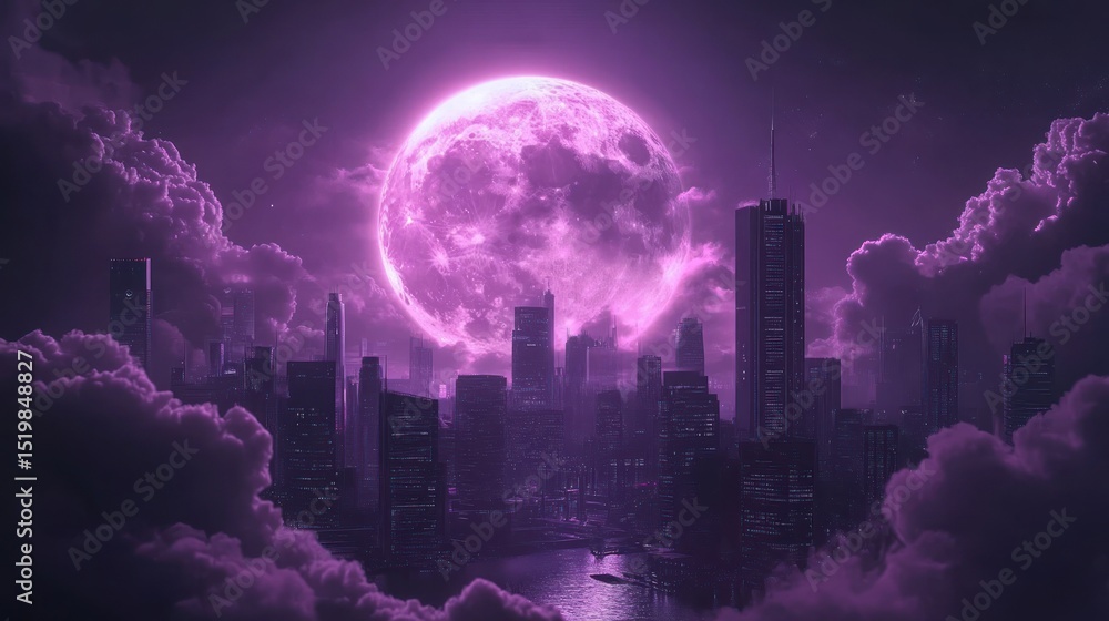 Fototapeta premium Purple night cityscape moon