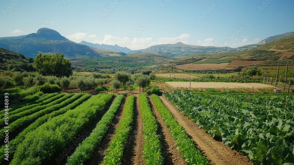 Serene Hillside Farm: Rows of Lush Crops Against Majestic Mountains Serene Hillside Farm: Rows of Lush Crops Against Majestic Mountains