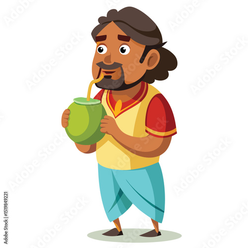 Cartoon man drinking from a coconut with a straw vector