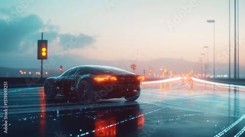 Rainy city street scene with car