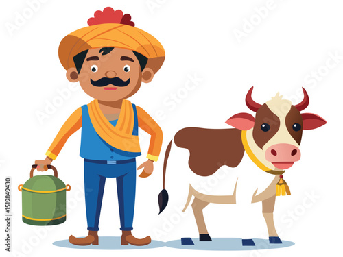 Cartoon farmer with a milk can and a cow on a white background