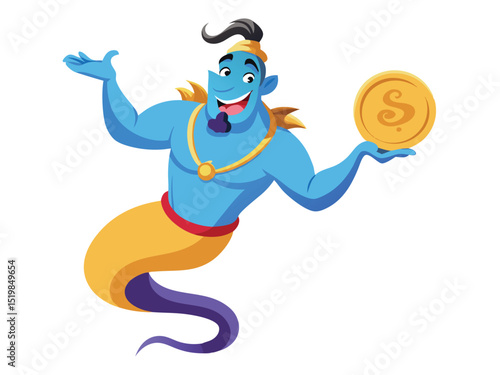 Cartoon genie holding a coin with dollar sign on white background