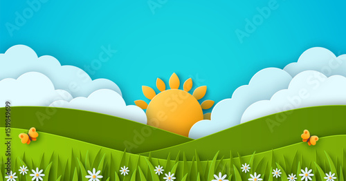 Beautiful summer landscape background. Fluffy clouds, blue sky, sun, yellow butterfly. Green grass lawn field and daisy flowers. Vector illustration. Paper cut countryside hills. Place for text