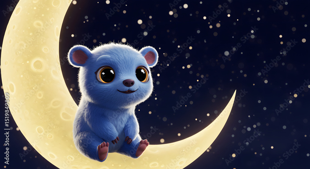 A whimsical illustration of a cute blue bear, perched joyfully on a crescent moon, creating a charming celestial scene. A whimsical illustration of a cute blue bear, perched joyfully on a crescent moon, creating a charming celestial scene.