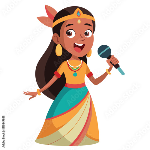 Cartoon girl singing with microphone in traditional dress