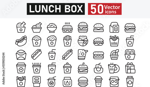 Collection of 50 line icons related to lunch box, snack, sandwich, food bag, meal, food container, Editable stroke. Vector illustration