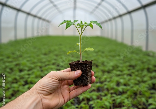 Wallpaper Mural Holding tomato seedling in a greenhouse with rows of plants in the background Torontodigital.ca