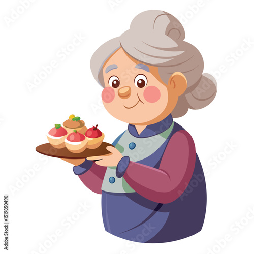 Cartoon grandma holding a tray of cupcakes with toppings