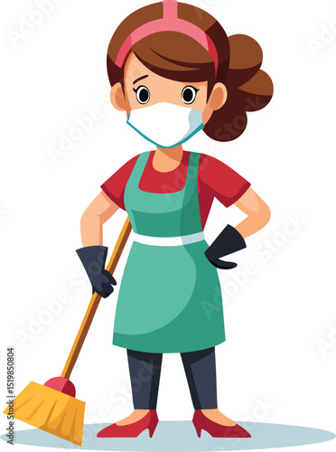 Cartoon woman in mask with broom wearing apron and gloves