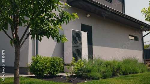 Modern heat pump unit installed outside a private house surrounded by green shrubs and neatly trimmed grass on a sunny day